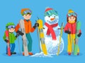 Happy family skiers with snowman. Vector illustration winter sport concept.