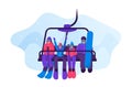 Happy Family with Skiing and Skateboarding Equipment Rise to Ski Lift Elevator. Parents and Kids Go Up Hill Cable Rope