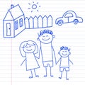 Happy family with small children and house Kids drawing vector illustration Blue ink pen image on notepad, notebook Royalty Free Stock Photo