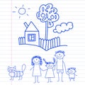 Happy family with small children and house Kids drawing vector illustration Blue ink pen image on notepad, notebook Royalty Free Stock Photo
