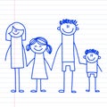 Happy family with small children. Kids drawing style illustration on notepad, notebook paper