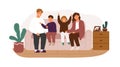 Happy family smiling sitting on couch vector flat illustration. Joyful parents and children spending time together at Royalty Free Stock Photo