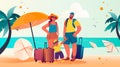 happy family with son and baggage standing together on tropical beach summer vacation holiday time to travel Royalty Free Stock Photo