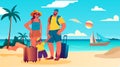 happy family with son and baggage standing together on tropical beach summer vacation holiday time to travel concept Royalty Free Stock Photo