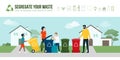 Happy family sorting waste and recycling