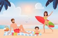 Happy family spend fun time on tropical summer beach, surfer mother with surfboard Royalty Free Stock Photo