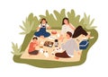 Happy family spending time outdoors at picnic together. Parents and children enjoying food, playing with dog and having Royalty Free Stock Photo