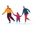 Happy family spending time together outdoor ice skating rink vector illustration isolated on white. Winter family time Royalty Free Stock Photo