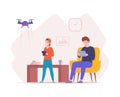 Happy family spending time together use tablet pc playing flying drone. Parent and kid