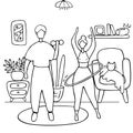 Happy family sport activity. Wife and husband doing morning exercising at home. Man and woman fitness workout exercise. Linear