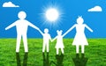 Happy Family standing On Grass Ageist Shiny Sun light and Blue Sky Background. Paper Connected family silhouette in front of sun Royalty Free Stock Photo