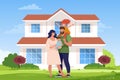 A happy family is standing at the new house. Concept illustration, buying a house, mortgage, home rental, realtor services. Royalty Free Stock Photo