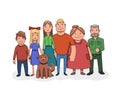 Happy family standing together, front view. Grandfather, grandmother, father, mother, kids and dog. Flat vector