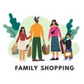 Happy family standing together and holding bags with purchases and leaves at the background. Royalty Free Stock Photo