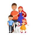 Happy family are standing together in hug. Father, mother, son, daughter and dog. Family flat vector illustration Royalty Free Stock Photo