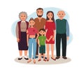 Happy family are standing together. Vector illustration of smiling grandparents, parents and children. Grandma, grandpa