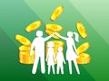 Issuing loans, deposits, loan money, saving money and finances. Happy family stands against the background of pouring gold coins