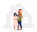 A happy family stands in the background of their new home. Concept illustration about sale, purchase, mortgage, realtor