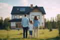 Happy family stands in front of their new home. Generative AI Royalty Free Stock Photo