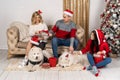 Happy family in stylish sweaters and cute funny dogs at christmas tree with ligths