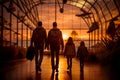 Happy family with suitcases walking through the airport terminal towards their gate.