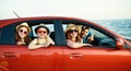 Happy family  in summer auto journey travel by car on beach Royalty Free Stock Photo