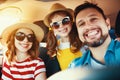 Happy   family  in summer auto journey travel by car on beach Royalty Free Stock Photo