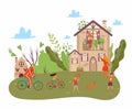 Happy family summer day, father on bicycle, mother and kids play with dog in nature, countryside cartoon vector Royalty Free Stock Photo