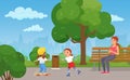 Happy family summer outdoor activity in city park, girls play, skateboard or roller skate