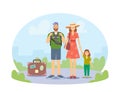 Happy Family Summer Vacation. Parents with Kid Traveling, Mother, Father and Little Child Characters with Bag and Camera Royalty Free Stock Photo