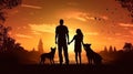 Happy family on sunset background, silhouettes of people and dogs, beagle and belgian shepherd malinois