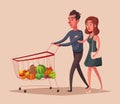 Happy family with supermarket shopping cart. Cartoon vector illustration Royalty Free Stock Photo