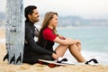 Happy family with surf boards Royalty Free Stock Photo