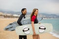 Happy family with surf boards