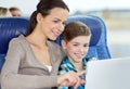 Happy family with tablet pc sitting in travel bus Royalty Free Stock Photo