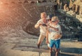 Happy Family take vacation selfie photo on the antique theater ruins in Side, Turkey. Royalty Free Stock Photo