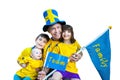 Happy family team portrait, flag and pennant with text.