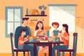 Happy family with three children and parents at a kitchen table having breakfast, illustration. Royalty Free Stock Photo