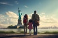 Happy family of three looking at Statue of Liberty in New York City, A family of immigrants looking at the Statue of Liberty, AI