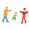 Happy family throwing snowballs - cartoon people characters illustration on white background. Concept of winter activity, New Year