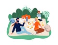 Happy family time. Parents and kids on picnic. Adults, children eating and talking. Cool weekend, bbq in park vector Royalty Free Stock Photo