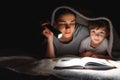 Happy family. Time for stories. Delighted happy cute mother and son enjoying a book before sleeping and using a flashlight Royalty Free Stock Photo