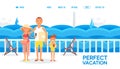 Happy family together on summer vacation cruise trip, people cartoon characters on ship deck, vector illustration