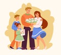 Happy Family Together with Young Dad Giving Flower to Mother and Kids Showing Paper Drawing Vector Illustration Royalty Free Stock Photo