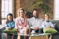 Happy family traditional portrait, old-fashioned. Cheerful parents and kids Royalty Free Stock Photo