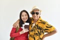 Happy family travel, Asian senior father and daughter exciting to have holiday trip.