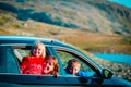 Happy family travel by car in mountains Royalty Free Stock Photo