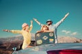 Happy family travel by car in the mountains Royalty Free Stock Photo