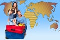 Happy Family Travel with Stack of Suitcases. Little Kid looking in Binocular for Summer Vacation Trip. Tourist Striped World Map Royalty Free Stock Photo