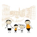 Happy family traveling in Venice. Sketch for your design